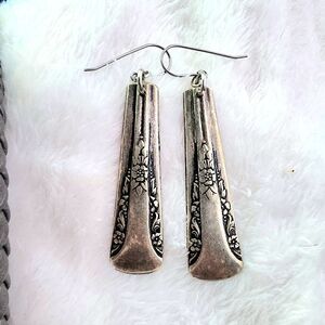 Vintage Spoon Dangle Earrings Reversible Silverware Jewelry Camelia Pattern 1940